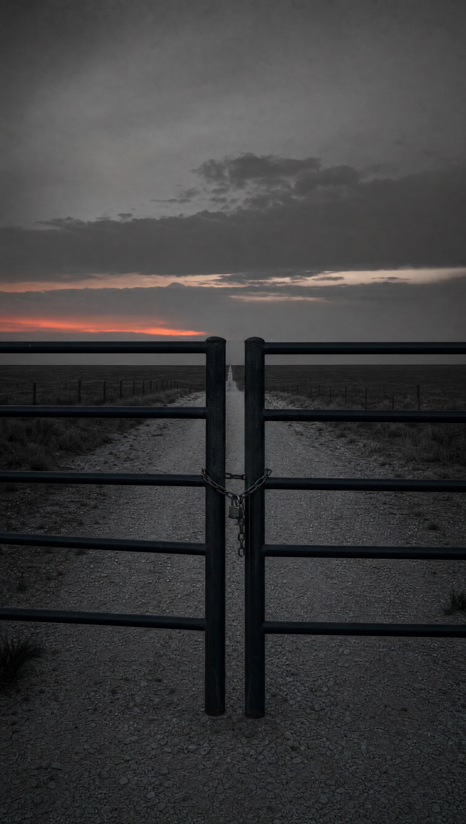A steel ranch gate chained and padlocked shut across a caliche two-track, the road running straight to a flat horizon under a thin band of red sunset.