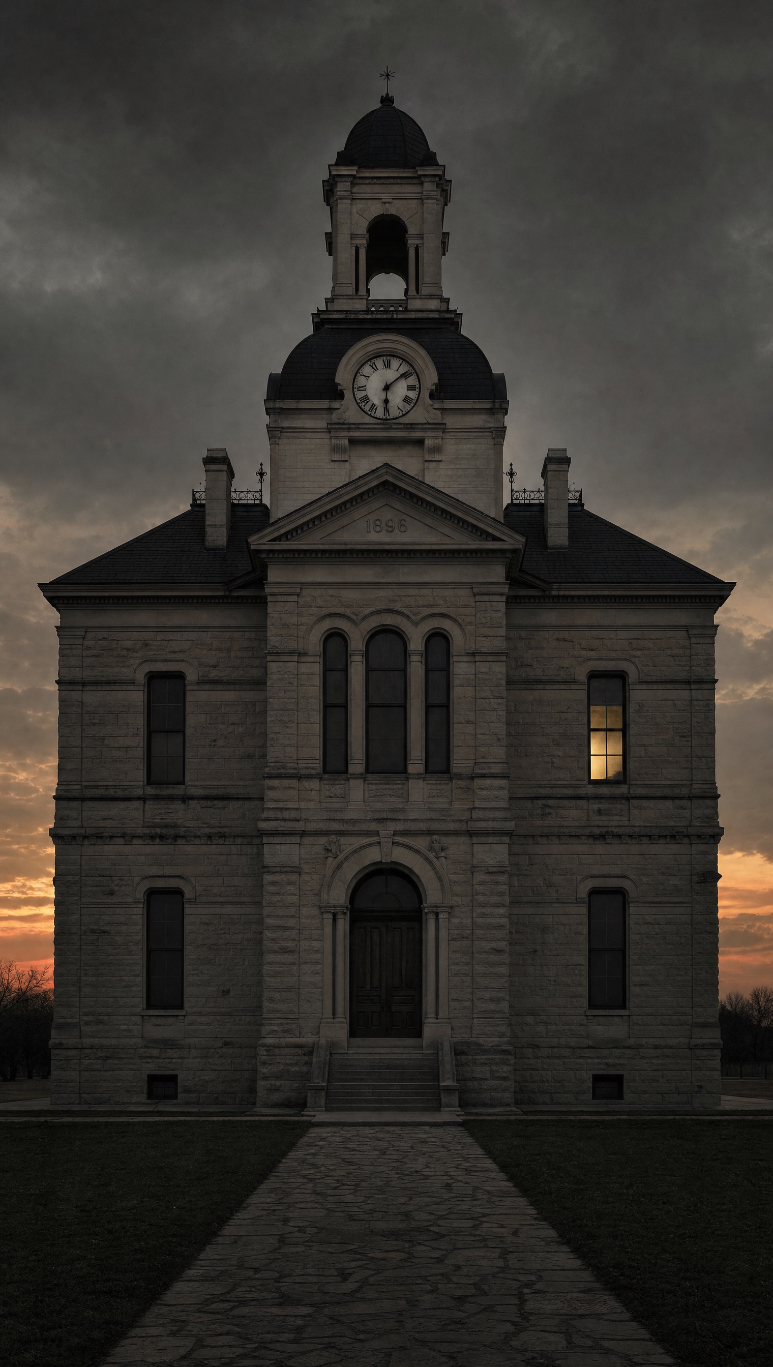 A stone county courthouse seen head-on at dusk under heavy cloud, its clock tower and bell cupola centred above a dated pediment, one upper window lit from within, and a flagstone walk running to the front steps.